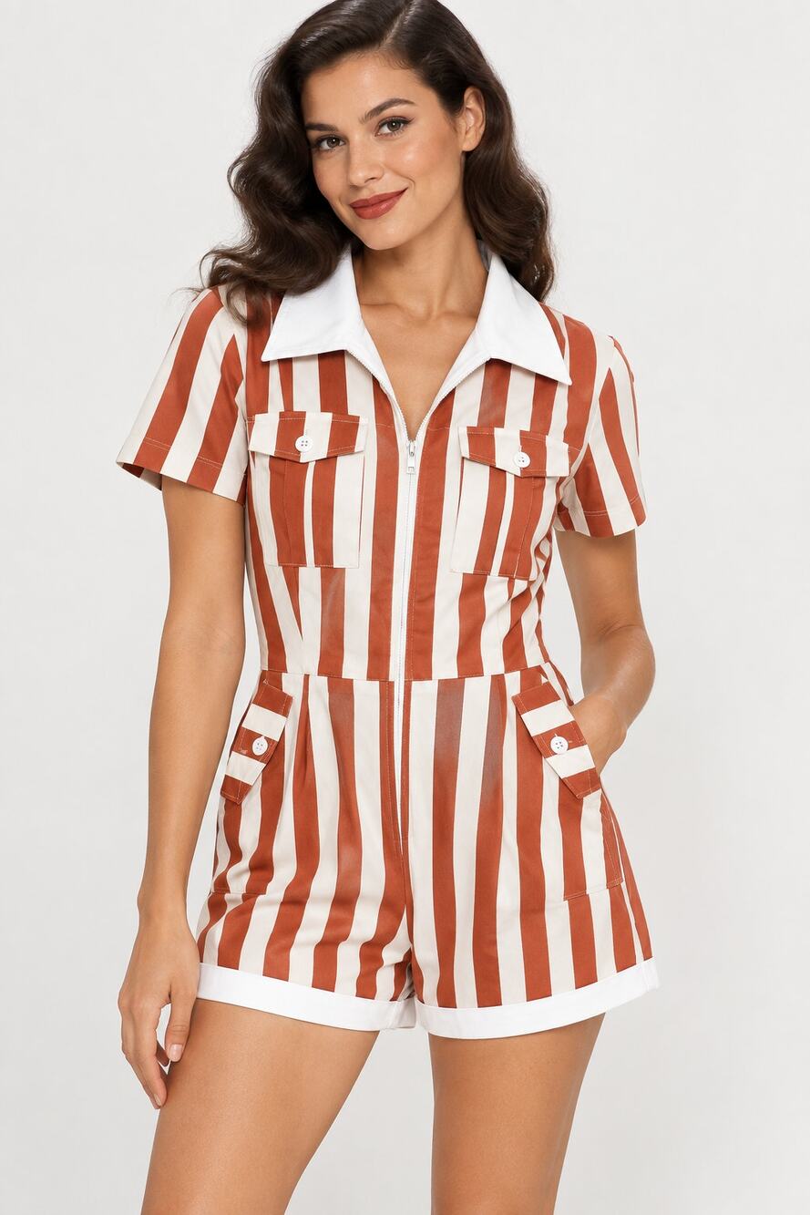 Unique Vintage Rust & White Stripe Mia Romper Size Small 4-6